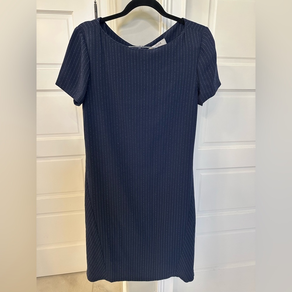 MM Lafleur Lucille Shift Dress Navy Blue White Pinstripe Short Sleeve Size Large